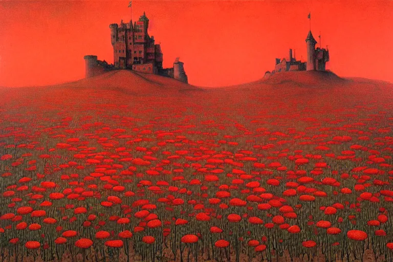 Image similar to only with red, red flowers of different types, a red tiger, a castle in the background, medieval demons dance over the flowers, an ancient path, in the style of beksinski, part by hopper, part by rodcenko, part by hofbauer, intricate composition, red by caravaggio, insanely quality, highly detailed, masterpiece, red light, artstation