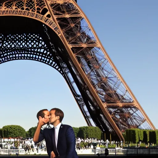 Image similar to marine le pen and Emmanuel macron kissing under the eiffel tower