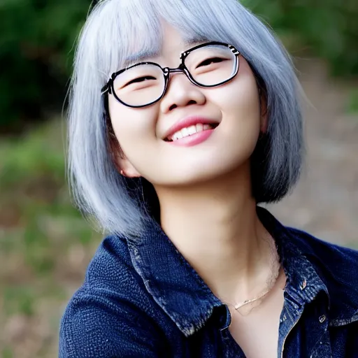 Prompt: portrait, beautiful, cute, round faced, korean girl, smiling, close up, silver haired, round glasses