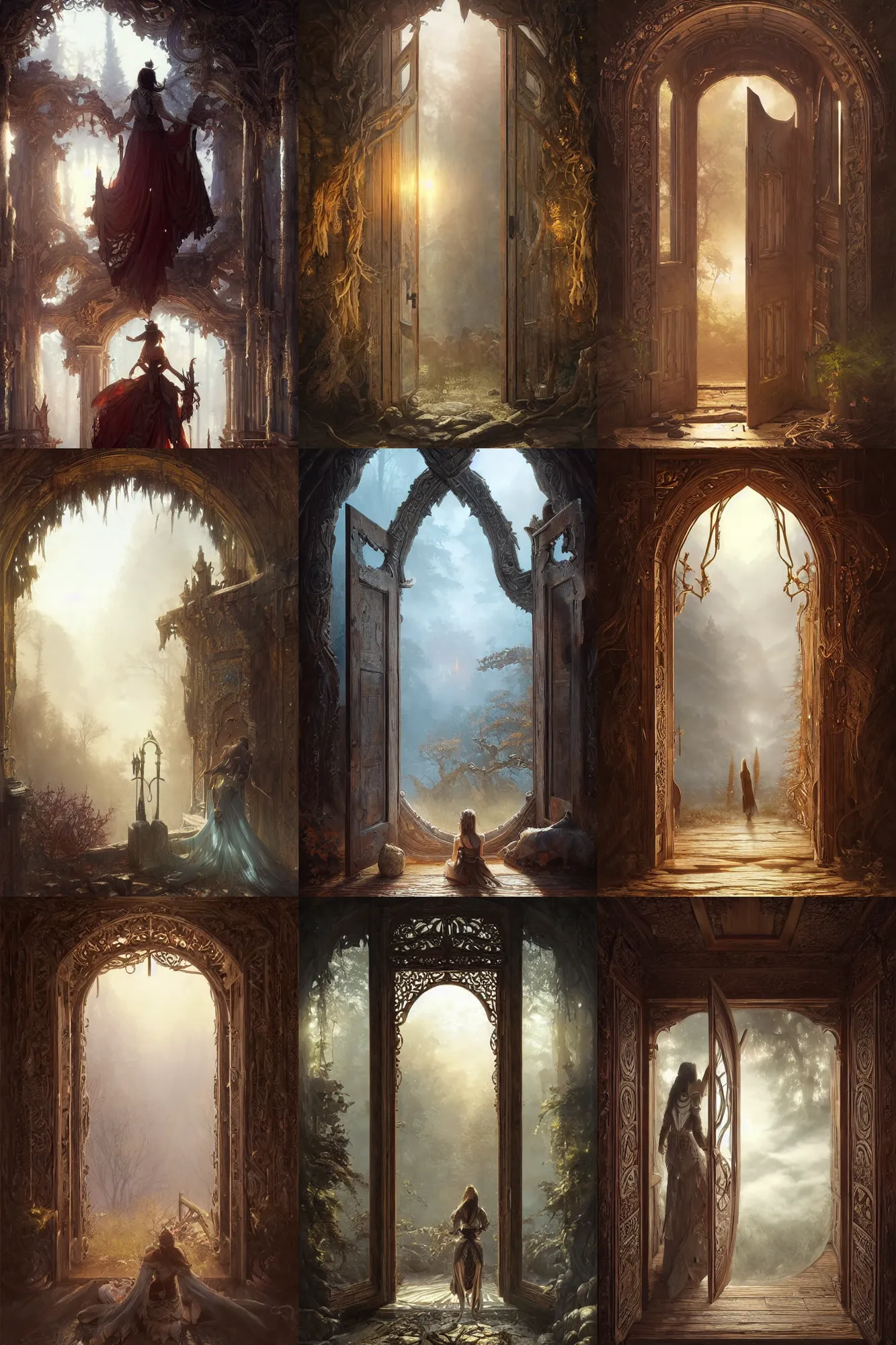 Prompt: large rustic intricately decorated wooden double door, metal handles, a view to a fantasy world, ethereal back light, mist, coherent composition, fantasy painting by artgerm, greg rutkowski, noriyoshi ohrai, yuumei