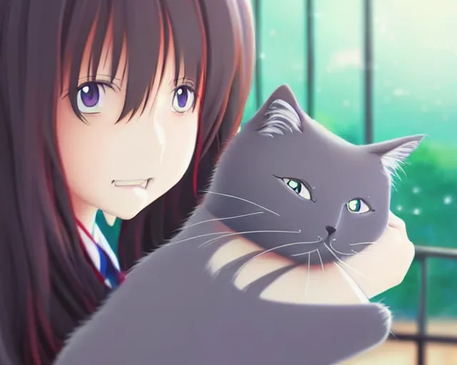 Image similar to anime fine details portrait of joyful girl hugging cat in school, bokeh. anime masterpiece by Studio Ghibli. 8k render, sharp high quality anime illustration in style of Ghibli, artstation