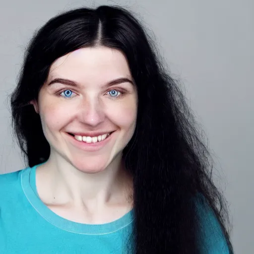 Prompt: mugshot of an smiling beautiful caucasian woman with long black hair, hooked nose, with light blue eyes and pale skin, high definition, 4k