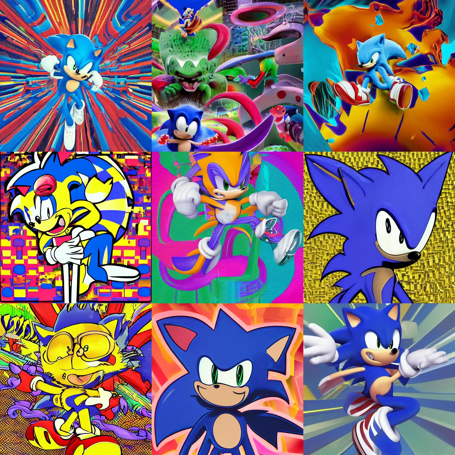 Prompt: sonic mascot made of surreal, sharp, detailed professional, high quality airbrush render of MGMT album cover of a liquid dissolving LSD DMT blue sonic the hedgehog on a flat purple checkerboard plane, 1990s 1992 prerendered graphics phong shaded album cover