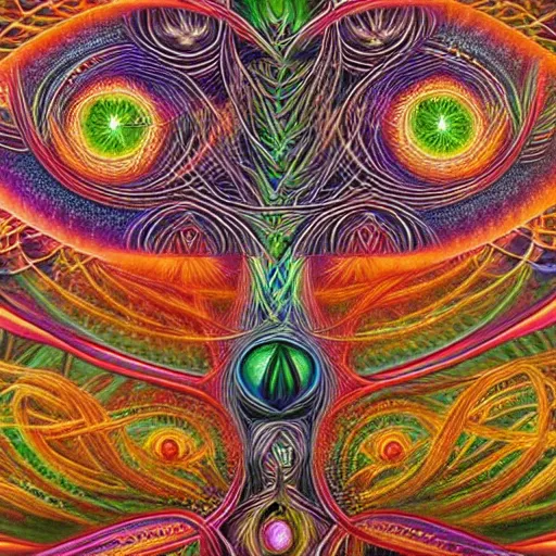 Prompt: a beautifully detailed rendition of a DMT entity by Alex Grey, and Amanda Sage. Hyperdetailed, 108 Megapixels