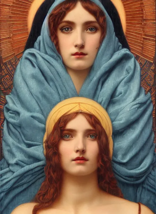 Image similar to beautiful cult magic psychic woman, oil painting, robe, symmetrical face, greek dark myth, by John William Godward and Anna Dittman, masterpiece