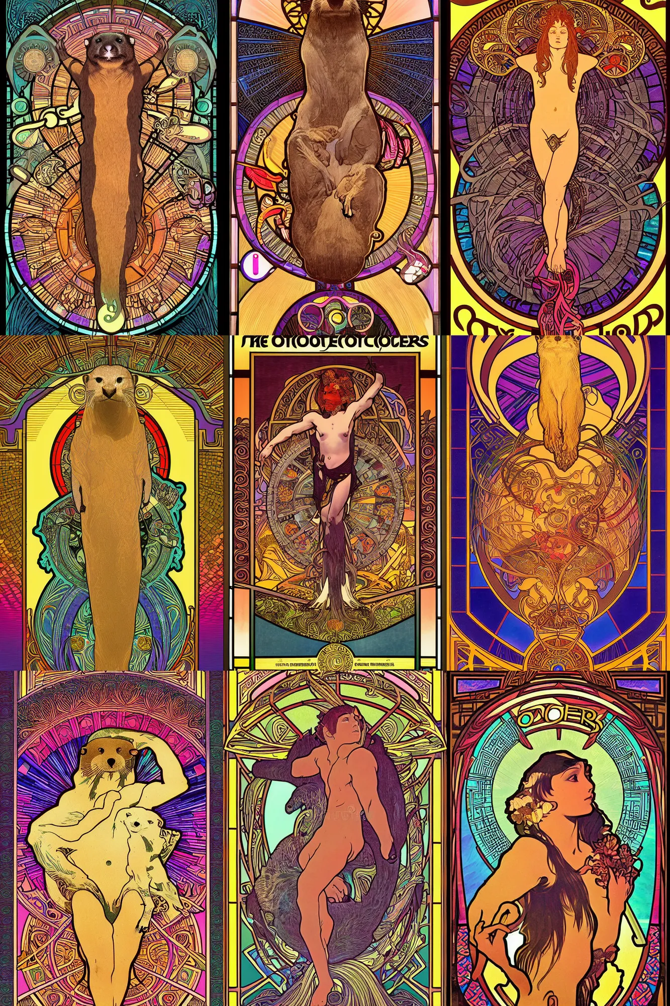 Prompt: The God of Otters. Synthwave. retropunk, stained glass, aztec, 8k resolution, extremely detailed, digital illustration. Poster by alphonse mucha.