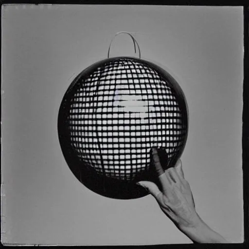 Image similar to Marcel Duchamp holding a light-producing sphere with cables attached, 35mm film, icon by Irving Penn