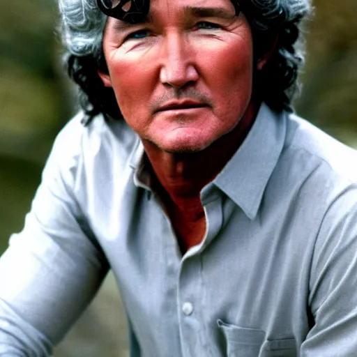 Prompt: patrick duffy as a hippy, he has grown long hippy grey hair, wearing a white shirt