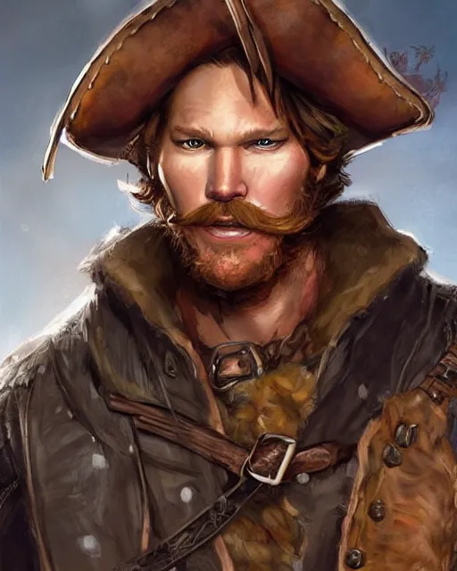 Prompt: chris pratt as an ugly drunken pirate with a big ginger beard and a large moustache, ginger hair, ugly, bags under his eyes, dark eyes, he wears a big coat, scruffy. character concept art. royo, artgerm, wlop. fashion. dnd. trending on artstation.