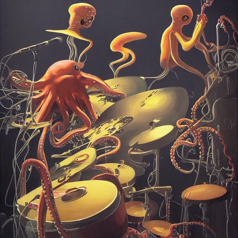 Image similar to a beautiful painting by etam cru of an octopus playing drums and telecaster guitar in an electronic concert, dark background, concert light, dark mood, warm lights