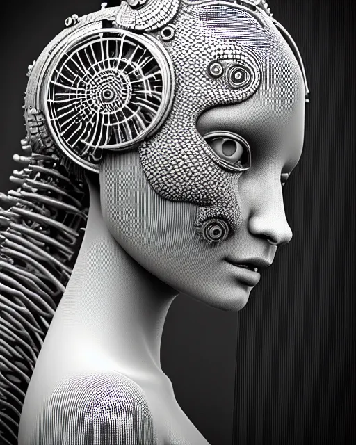 Image similar to mythical black and white organic bio-mechanical spinal ribbed profile face portrait detail of mechanical beautiful female angelic-vegetal-cyborg, highly detailed, intricate steampunk ornate, poetic, 3D render, digital art, octane render, 8K artistic photography, photo-realistic, by Dora Maar