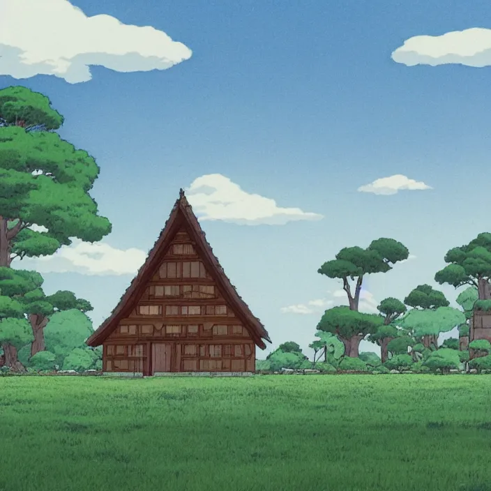Image similar to a building in a serene landscape, by studio ghibli