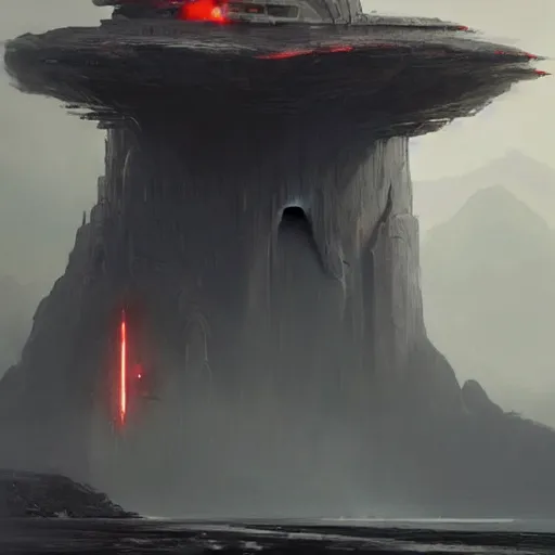 Image similar to star wars concept art by greg rutkowski, a palatial and imposing grey wide tower emerging from the lava in the middle of a lava rocky landscape, enigmatic atmosphere, beautiful and cinematic lighting, artstation hq.