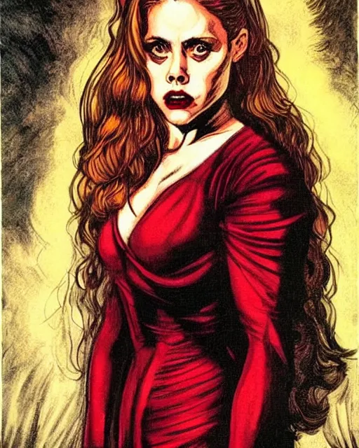 Prompt: rafeal albuquerque comic art, tintoretto : : gorgeous vampire amy adams : : sharp teeth, open mouth sneer : : symmetrical face, symmetrical eyes : : gorgeous red hair : : magic lighting, low spacial lighting : :