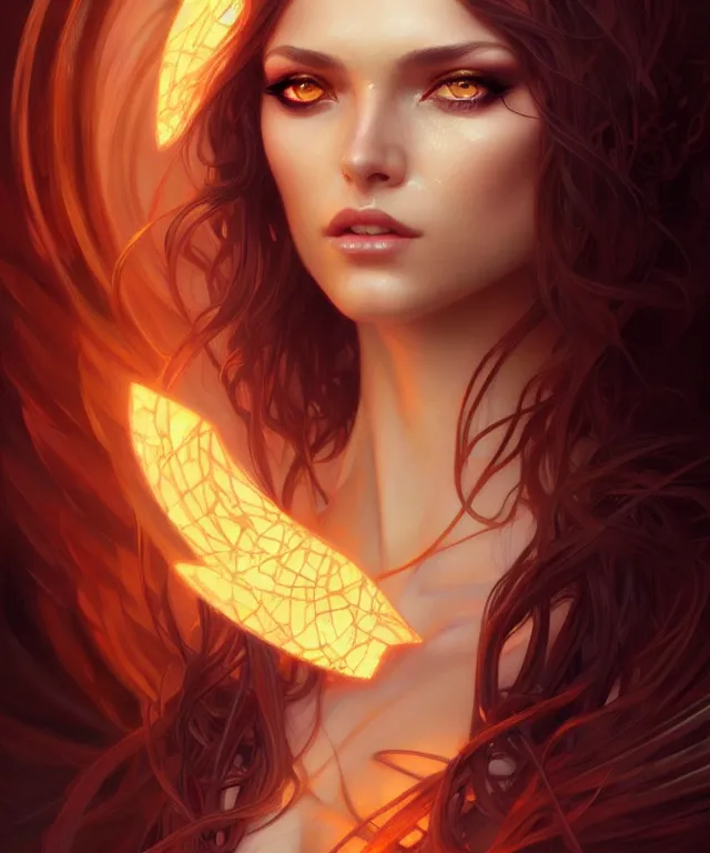 Image similar to fantasy magic woman portrait, sci-fi, amber eyes, face, long hair, fantasy, intricate, elegant, highly detailed, digital painting, artstation, concept art, smooth, sharp focus, illustration, art by artgerm and greg rutkowski and alphonse mucha