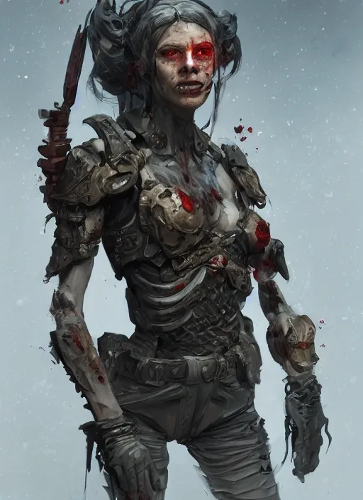 Image similar to A portrait of zombiefid women full body armour by Greg Rutkowski, Sung Choi, Mitchell Mohrhauser, Maciej Kuciara, Johnson Ting, Maxim Verehin, Peter Konig, final fantasy, 8k photorealistic, cinematic lighting, HD, high details, dramatic, atmospheric , trending on artstation