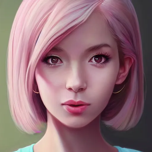 Image similar to belle delphine with pastel pink hair and shiny brown eyes, elegant, ultra highly detailed, digital painting, smooth, sharp focus, artstation, art by Ilya Kuvshinov