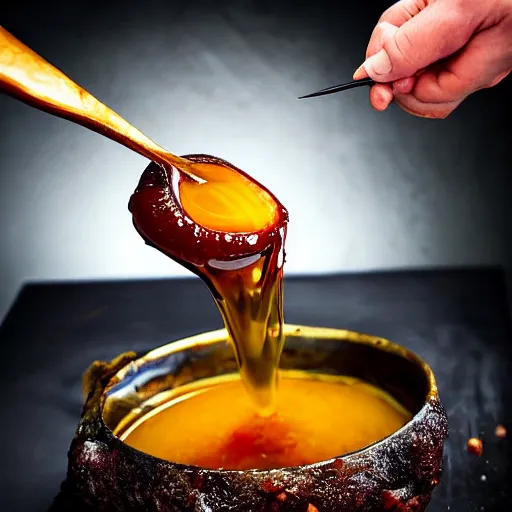 Image similar to beautiful viscous honey dripping on fork made of crimson - black metal, hyper realistic, award winning slow - motion food photography