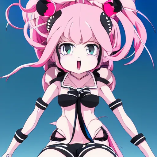 Image similar to stunningly beautiful omnipotent megalomaniacal anime goddess who looks like junko enoshima with symmetrical perfect face and porcelain skin, pink twintail hair and mesmerizing cyan eyes, looking down upon the viewer and taking control while smiling in a mischievous way, mid view from below her feet, hyperdetailed, 2 d anime, 8 k