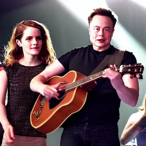 Image similar to elon musk & emma watson performing at woodstock