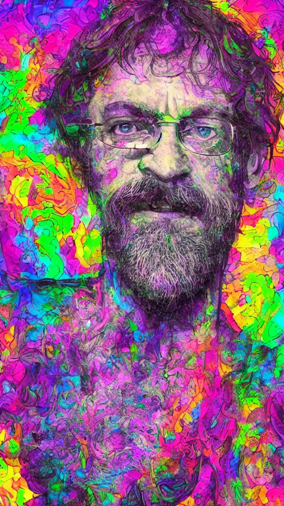 Image similar to terrance mckenna protrait with mushrooms fractals and fog, vivid psychadelic colorful