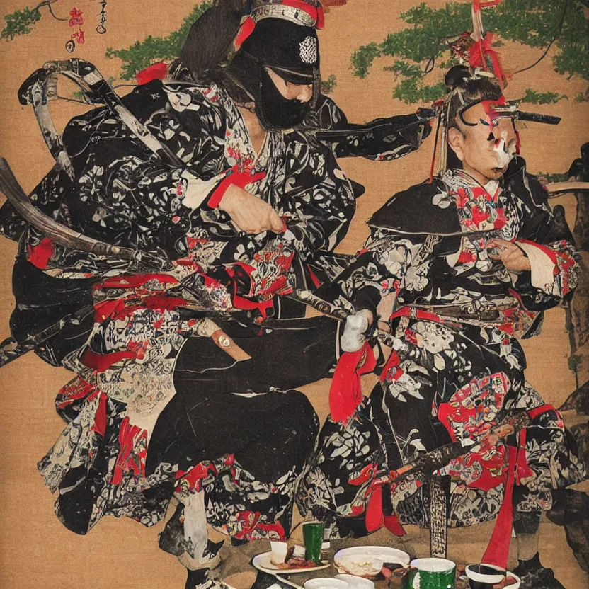 Image similar to a samurai at a tea party, realistic photo
