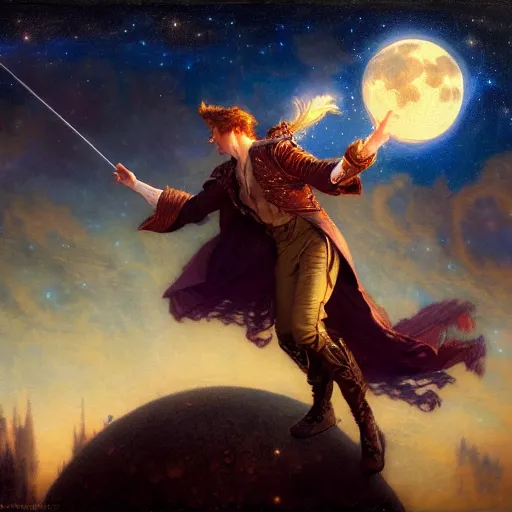 Prompt: attractive male wizard magically floating and flying high in the night sky, fantasy, full moon in background. highly detailed painting by gaston bussiere, craig mullins, j. c. leyendecker, mid shot, 8 k