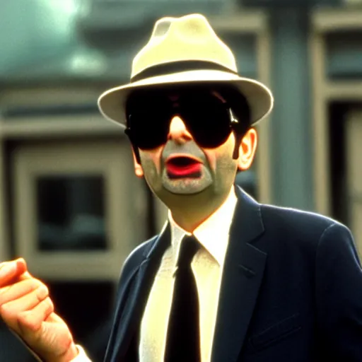 Prompt: mr. bean as a blues brother from the blues brothers movie. movie still. cinematic lighting.