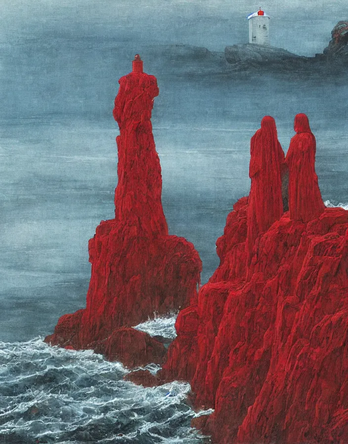 Image similar to worshippers in red robes belonging to the cult of the lighthouse clambering out of the water onto the rocky shore at the base of the light house, base of the light house, high detailed beksinski painting, part by adrian ghenie and gerhard richter. art by takato yamamoto. masterpiece, deep colours, blue
