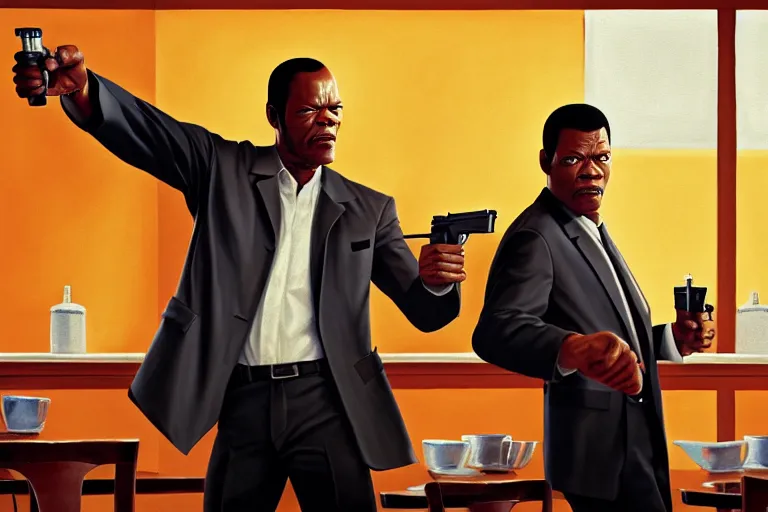 Image similar to painting pulp fiction movie highly detailed full - body samuel l jackson and john travolta posing in cafe, perfect symmetrical eyes, by eddie mendoza and tyler edlin, 8 k resolution, digital art, hyper realistic