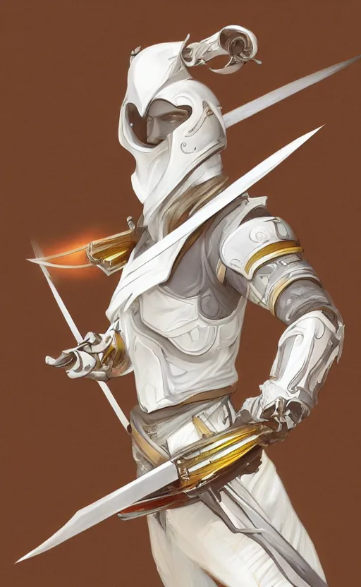 Image similar to a top view shot of a man in white futuristic armor, holding a katana , alphonse mucha , greg rutowski, illustration, science fiction, concept art, digital painting, fantasy, Trending on artstation