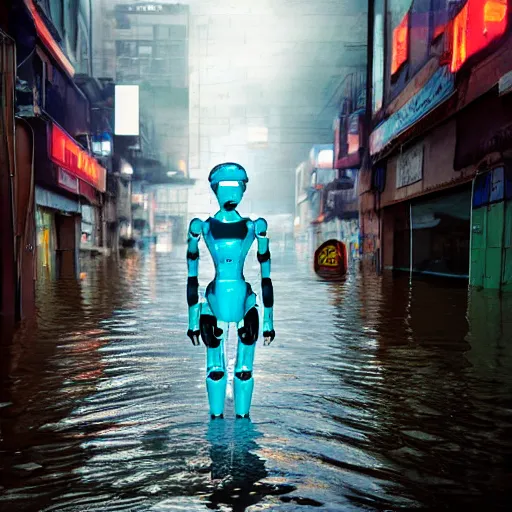 Image similar to a humanoid robot wearing a torn transparent plastic cloak walking the flooded streets of an abandoned futuristic city with neon signs,