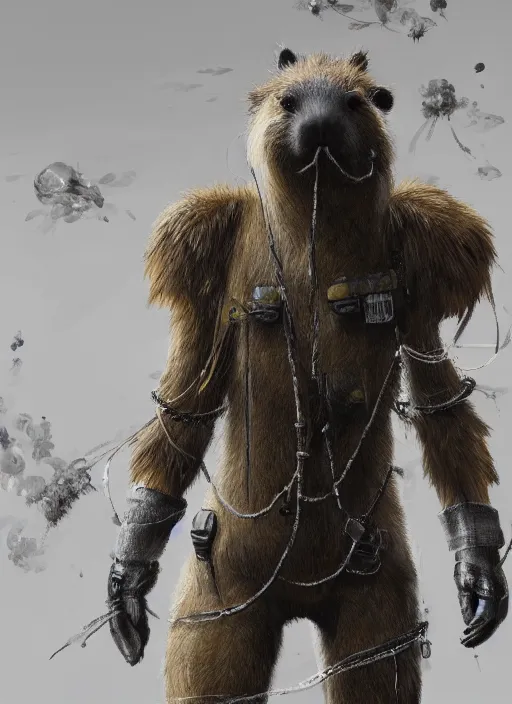 Image similar to detailed full body concept art illustration oil painting of an anthropomorphic capybara death stranding in full intricate clothing, biomutant, dystopian, ultra detailed, digital art, octane render