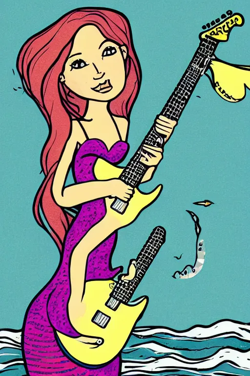 Image similar to illustration of a mermaid playing an stratocaster electric guitar, surf art