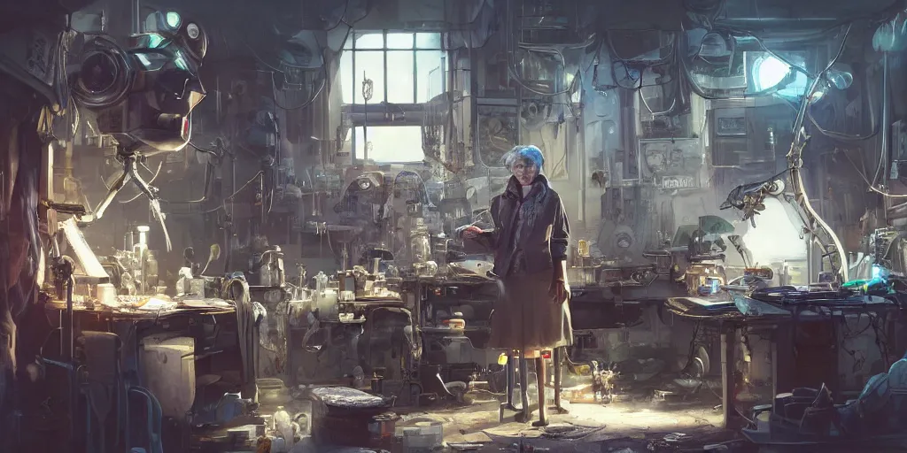 Prompt: an environmental concept art of an elderly woman cyberneticist in a cluttered workshop, surgical implements, surgery theatre, robotic arm, blood spatter, highly detailed, cinematic, dramatic, cyberpunk, dieselpunk, scifi space station, horror, bladerunner 2 0 4 9