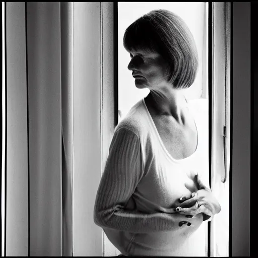 Prompt: black and white fashion photograph highly detailed portrait of a depressed beautiful mature model woman standing by the window, natural light, lomo, fashion photography, film grain, soft vignette, sigma 85mm f/1.4 1/10 sec shutter