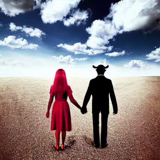 Prompt: couple walking hand in hand, in heaven and hell at the same time, surrealistic realistic digital art, detailed
