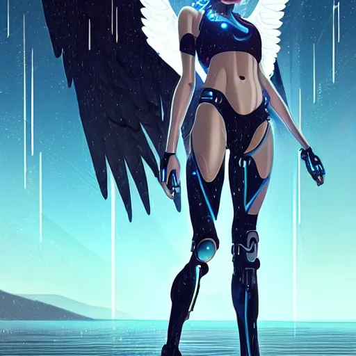 Image similar to a beautiful cyborg - angel girl!! standing on a lake, rainfall, biomechanical details, digital cyberpunk anime art, full body shot!!, reflections, lens flare, promotional poster, wlop!!, ilya kuvshinov, artgerm, krenz cushart, greg rutkowski