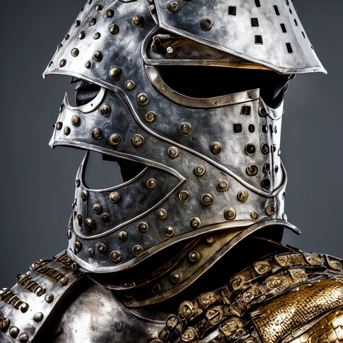 Image similar to photo of a man with metal crocodile themed armour and helmet, highly detailed, 4 k, hdr, smooth, sharp focus, high resolution, award - winning photo