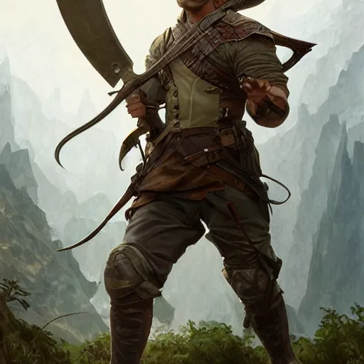 Image similar to portrait of a young rugged ranger holding his longsword up, hands, muscular, upper body, D&D, fantasy, intricate, elegant, highly detailed, digital painting, artstation, concept art, smooth, sharp focus, illustration, art by Artgerm and Greg Rutkowski and Alphonse Mucha