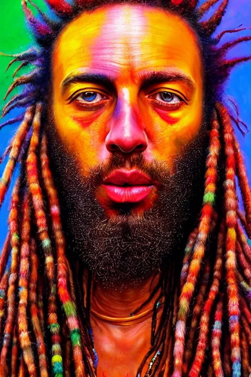 Prompt: hyperrealistic close - up portrait of psychedelic colorful acid neuro - shaman dreadlocks hippy highly detailed concept art eric zener elson peter cinematic hard lighting high angle hd 8 k sharp shallow depth of field, inspired by denis villeneuve and zdzisław beksinski