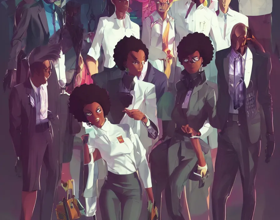 Image similar to afro - futuristic professionals, business attire and confidence, hacking the multiverse of possibilities | hyperrealistic digital art | by makoto shinkai, ilya kuvshinov, lois van baarle, rossdraws | afrofuturism, in the style of boondocks, trending on artstation | dark color scheme