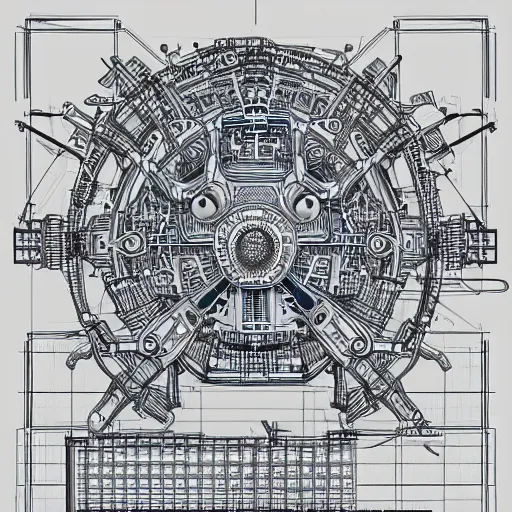 Prompt: complex machine blueprint, very intricate drawing, trending on ArtStation, digital painting