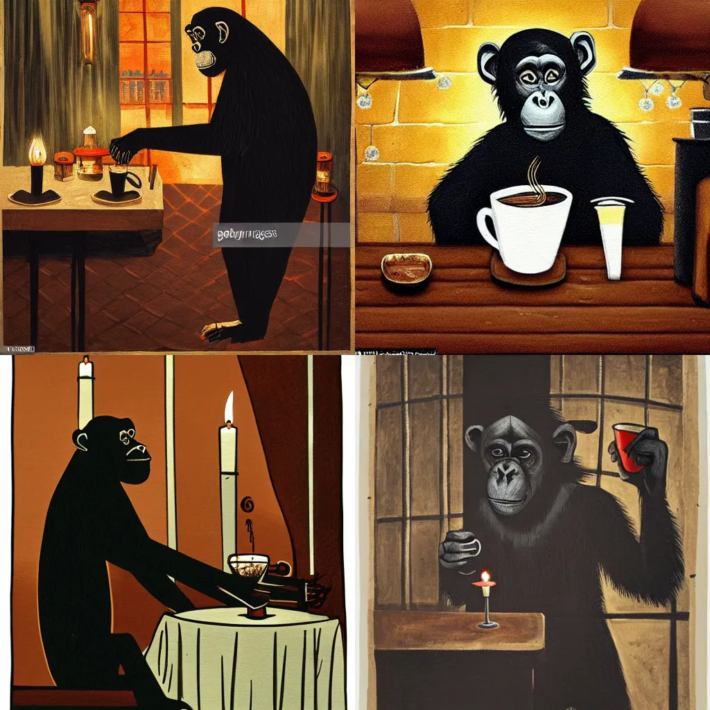 Prompt: Gothic painting of a chimpanzee serving coffee as a barista, in a night-time old-fashioned New York Cafe, candlelight, full shot