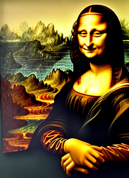 Prompt: framed oil painting of Mona Lisa by Leonardo Da Vinci but Mona Lisa is using an iPhone to take a selfie