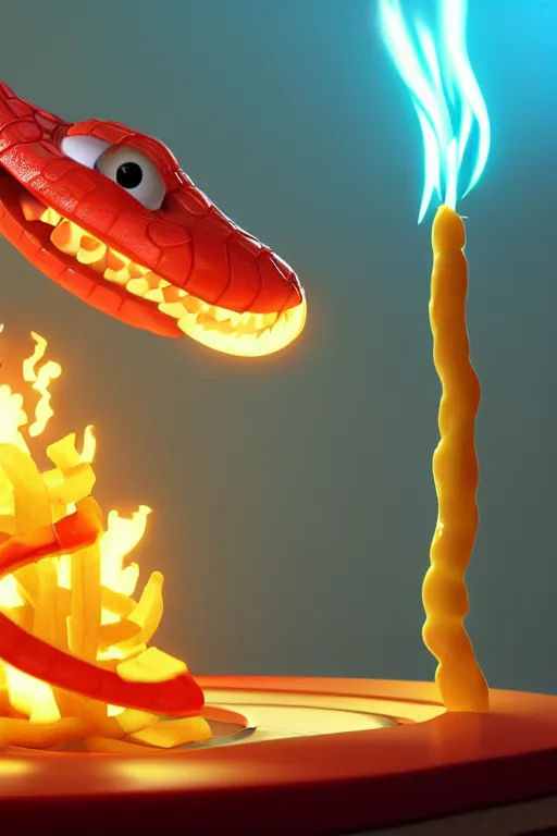 Image similar to a 3d rendered snake spitting fire made of french fries in a mc donalds commercial, 4k sharp, 3d render , cinema4d by Beeple and pixar