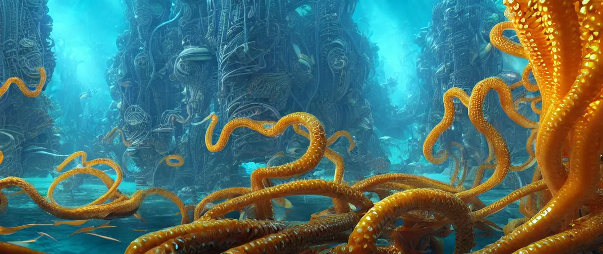 Prompt: hyperrealistic ornate underwater bio-synthetic city of atlantis on giant orange and yellow cyborg tentacles matte painting concept art alex grey hajime sorayama cinematic soft red lighting low angle hd 8k sharp shallow depth of field