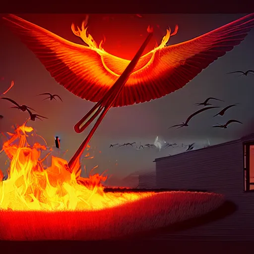 Image similar to in the lower part of the picture is the harp burning in the fire, above are cranes flying in flames, digital painting, concept art