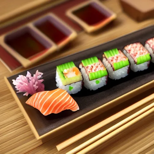 Image similar to an ultra realistic photo of japanese sushi with soy sauce, ultra detailed, super realistic, 8 k