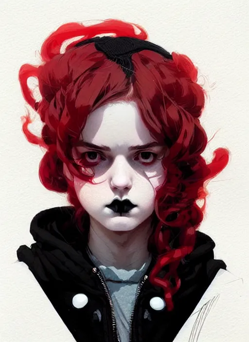 Image similar to highly detailed portrait of a goth teenager, tartan hoody, ringlet hair by atey ghailan, by greg rutkowski, by greg tocchini, by james gilleard, by joe fenton, by kaethe butcher, gradient red, black, cream and white color scheme, trending in pinterest, award winning details